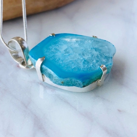 Silver Plated Blue Agate Slice Statement Boho Necklace - Picture 3 of 10